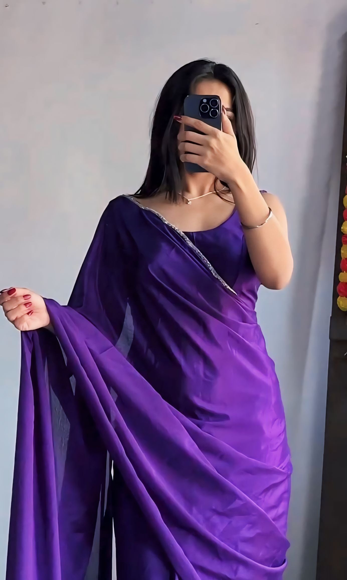 Entrancing 1 Minute Ready To Wear Purple Chinon Silk Hand Work Saree