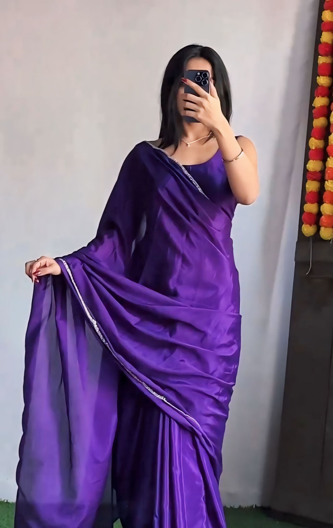 Entrancing 1 Minute Ready To Wear Purple Chinon Silk Hand Work Saree